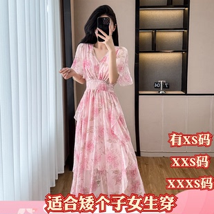加小码 XXXS矮个子150cm显高V领收腰碎花雪纺荷叶边连衣裙 女装 夏季
