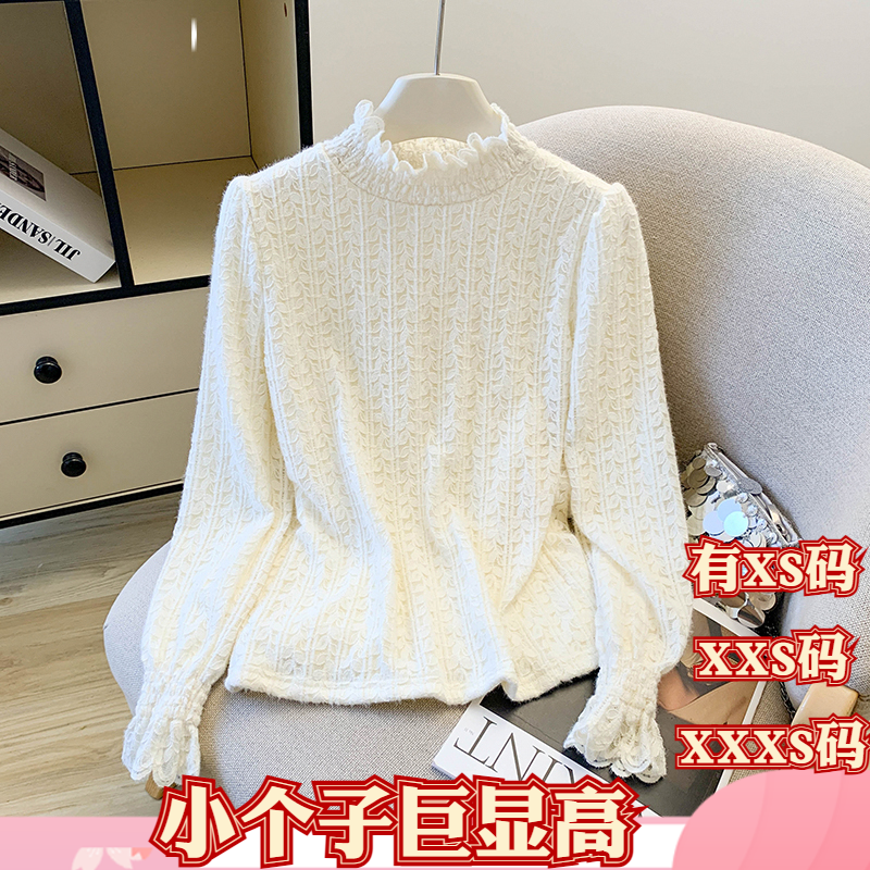 冬季矮个子娇小XXXS小个子155女装甜美半高领加厚磨毛长袖蕾丝衫