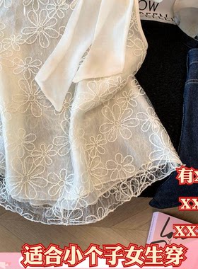 加小码XXXS女装夏装矮个子150cm显高蝴蝶结蕾丝衫刺绣衬衫打底衫