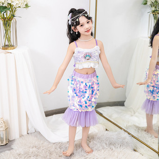 INS美人鱼连衣裙2024新款人鱼姬鱼尾裙洋气礼服女童两件套亮片裙