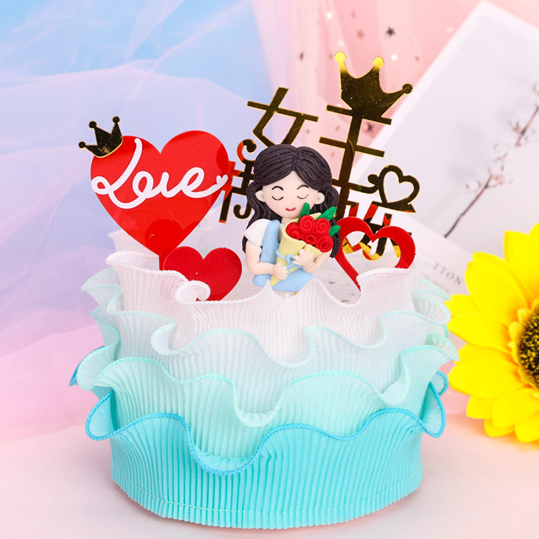 烘焙蛋糕装饰母亲节 软陶拥抱妈妈插牌插件 红系混色卷边纱带围边