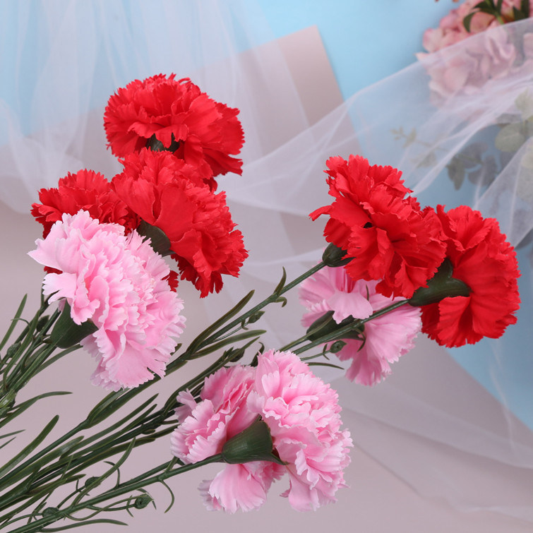 母亲节仿真康乃馨网纱丝带蛋糕装饰妈妈节日快乐粉色花束花朵摆件