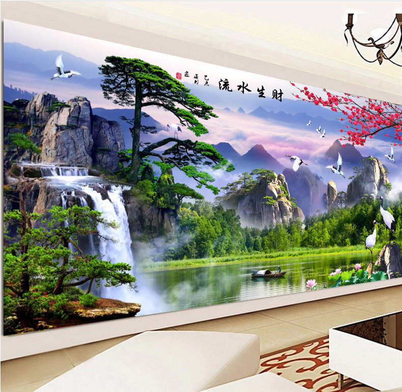 迎客松十字绣2026新款线绣客厅山水画流水生财简约现代手工自己绣