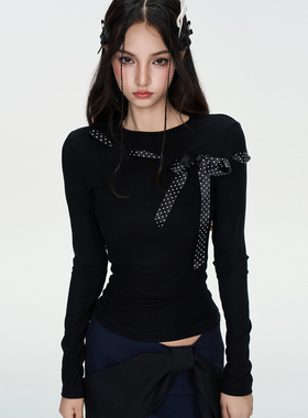 IUNAE LUMEN 2025秋冬新款 复古波点蝴蝶结装饰黑色修身长袖打底