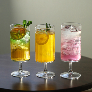 果茶玻璃杯高颜值柠檬红茶杯冷饮矮脚条纹果汁杯简约鸡尾酒杯子