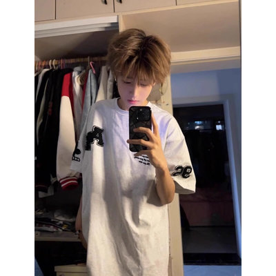 126KID美式复古国潮牌刺绣字母短袖T恤宽松休闲小众半袖上衣男女