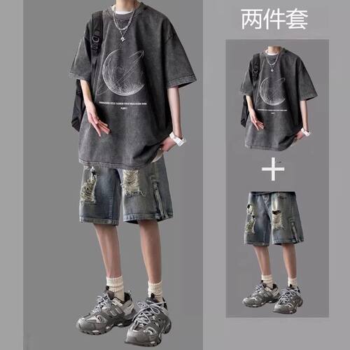 牛仔短裤短袖夏季不起球休闲运动套装痞帅帅气ins宽松印花潮流
