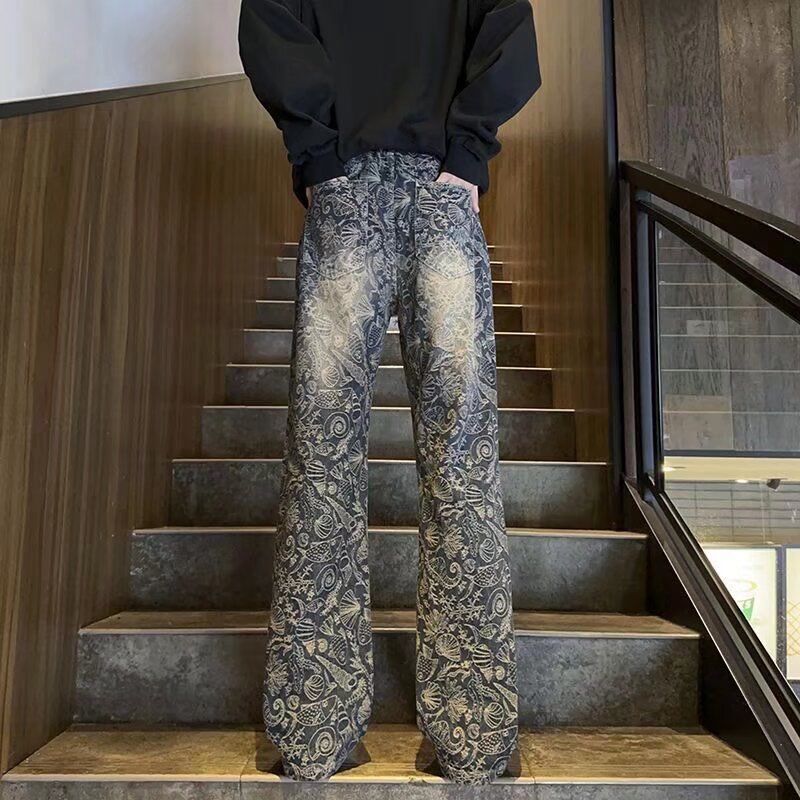 小众设计感提花牛仔裤男款春夏美式痞帅炸街直筒裤提档显瘦微喇裤