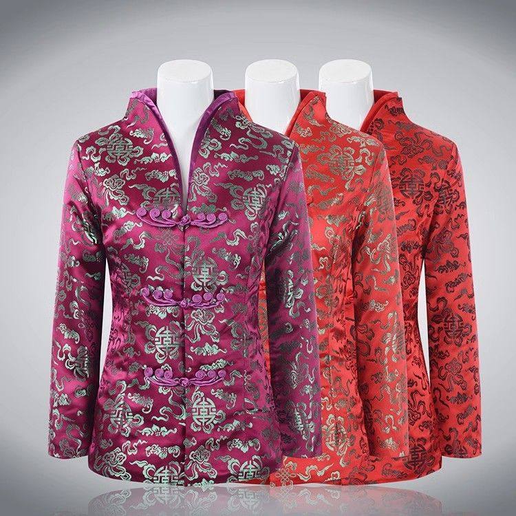 秋冬中老年女士唐装中式盘扣立领喜庆绸缎长袖外套棉衣棉袄棉服