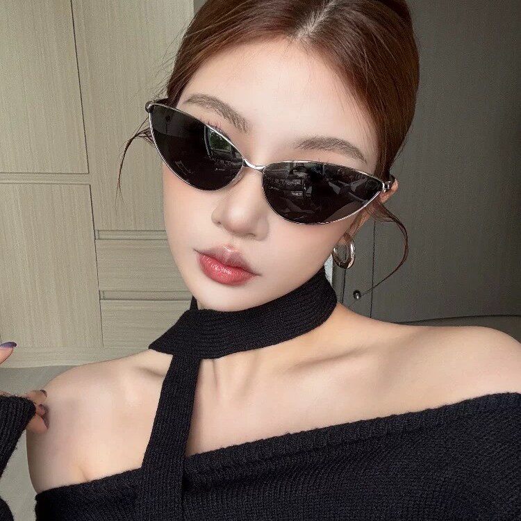 金属银边猫眼太阳镜骑行新款欧美风方圆脸显瘦女潮偏光墨镜高级感