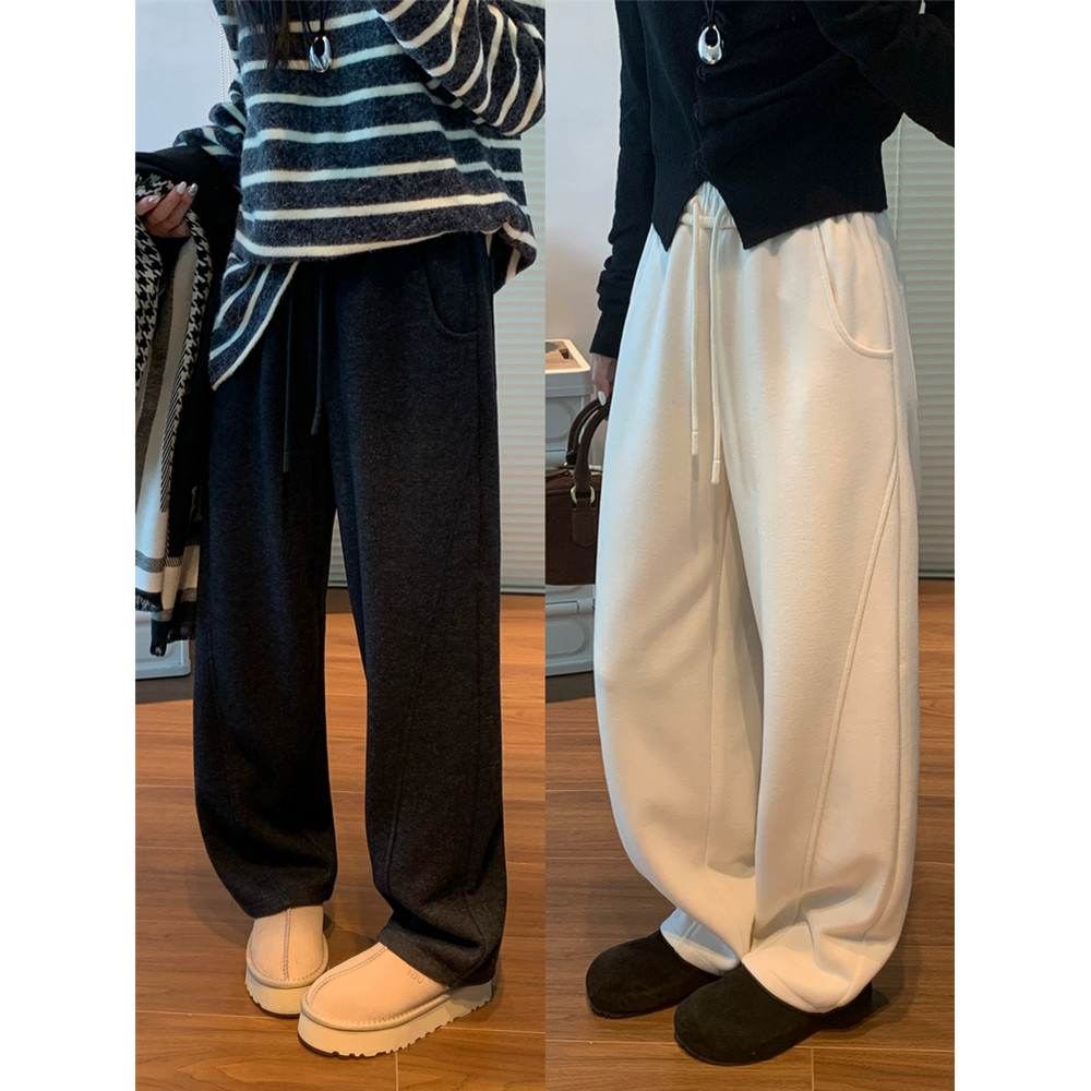 白色弯刀裤女秋冬季2025新款垂感直筒阔腿裤加绒羊毛香蕉运动卫裤