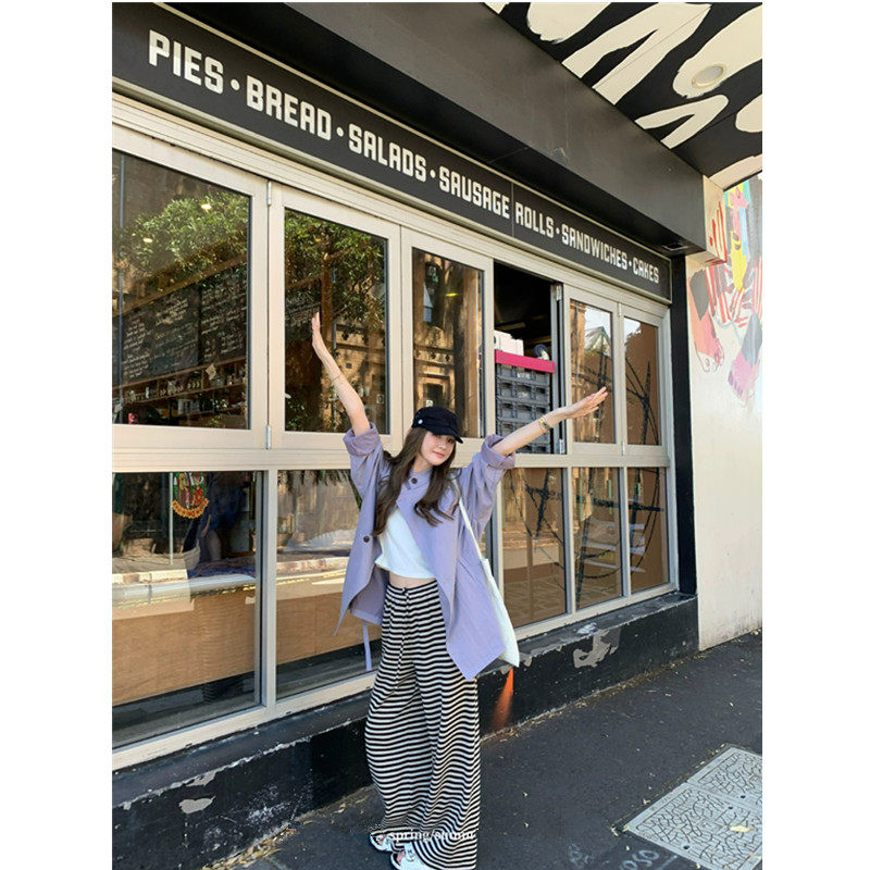 十点校对 高个子条纹针织裤百搭拖地裤长裤显瘦宽松休闲裤女秋