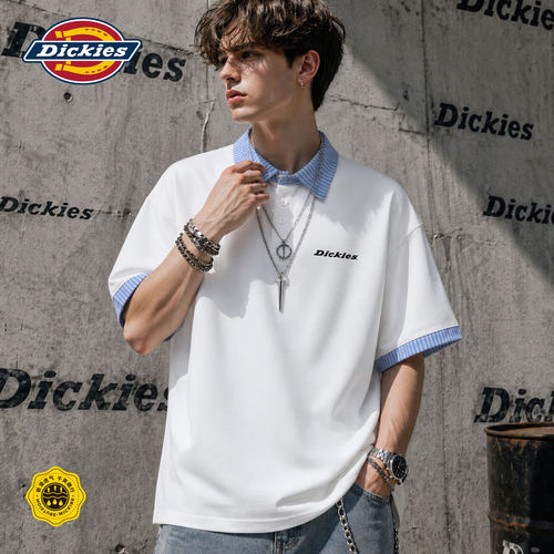 Dickies美式复古格短袖POLO衫男潮牌宽松百搭休闲假两件短袖上衣