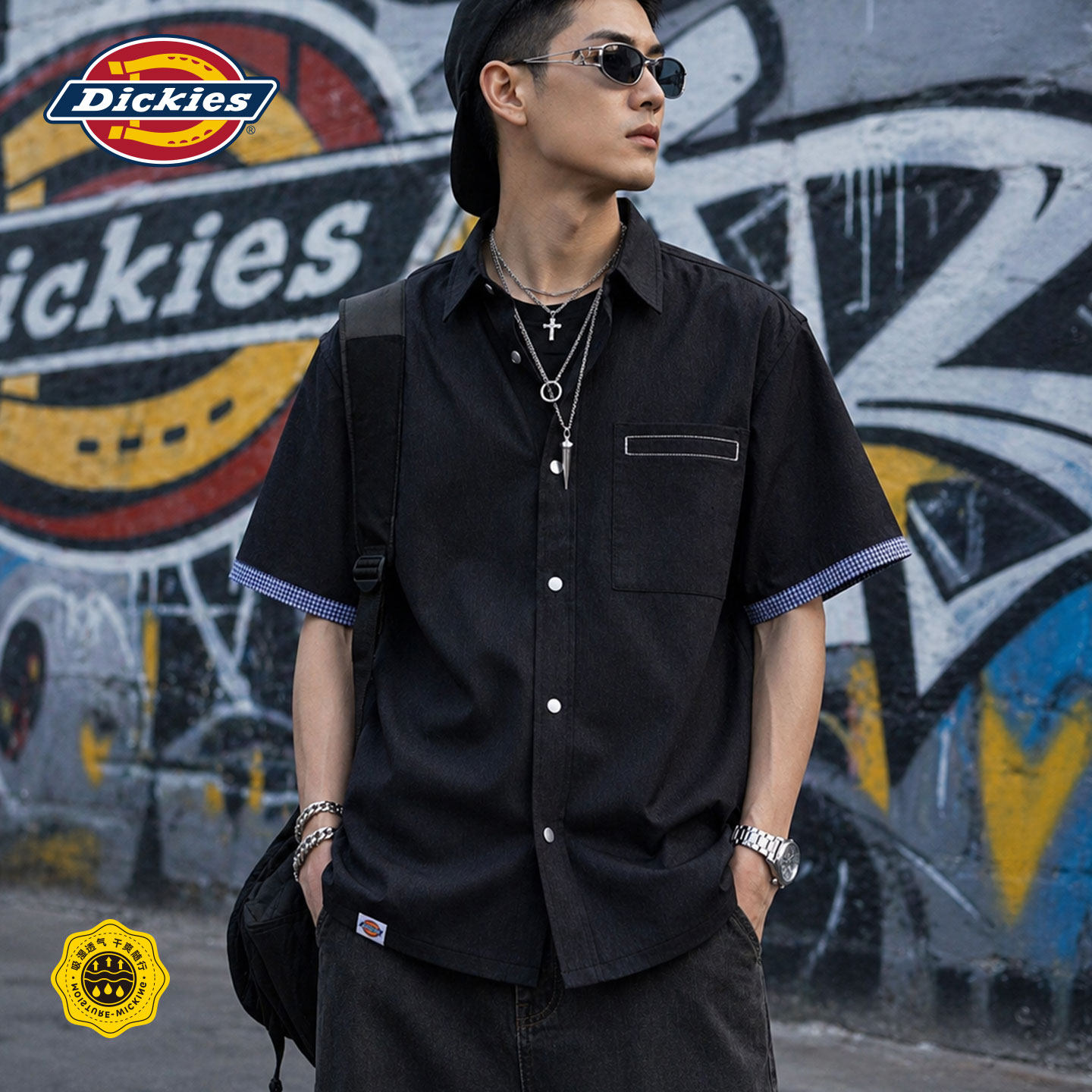 Dickies潮牌仿牛仔工装衬衫短袖男款夏季复古辑明线宽松衬衫外套