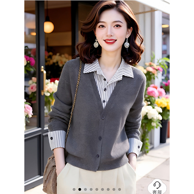 素雅订制国风 简约艺术|【秀】高级灰条纹翻领假两件针织衫