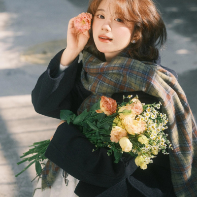 复古绿色格子纹围巾女士秋冬季