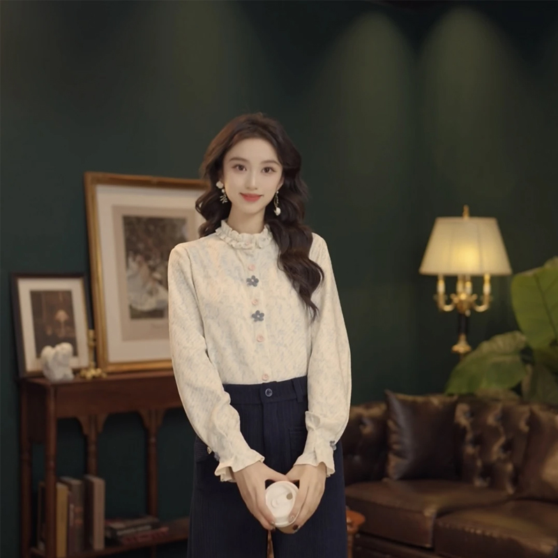 复古港风提花长袖衬衫女秋冬上衣