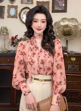 复古港风玫瑰印花系带长袖衬衫女春季衬衣宽松气质高级感V领上衣