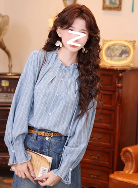 温敏er复古港风蓝色条纹长袖衬衫女秋季宽松显瘦休闲百搭气质上衣