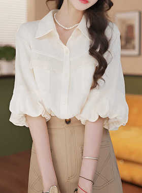 荔枝Lizhi复古港风短袖衬衫女装夏季新款衬衣宽松高级感气质上衣