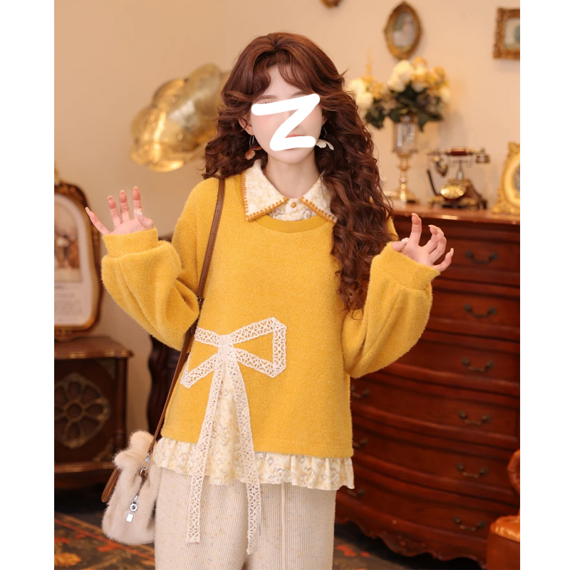 复古港风黄色假两件卫衣秋冬上衣