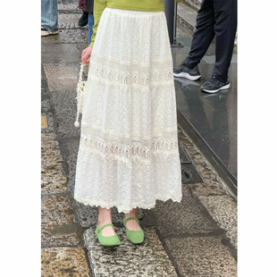温敏er复古港风蕾丝白色半身裙女春夏季高腰显瘦百搭气质A字裙子