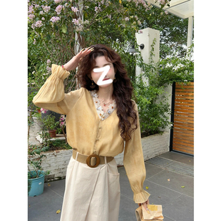 温敏er设计感斜襟长袖衬衫女春秋2025新款法式轻熟风气质V领上衣