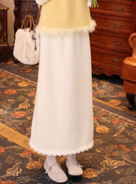 温敏er港风复古下摆花边半身裙女秋冬加厚高腰显瘦中长款气质裙子