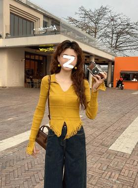 温敏er复古港风黄色流苏长袖针织衫女早春季修身显瘦翻V领上衣服
