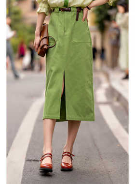 港风复古绿色半身裙女夏季2025年新款高腰显瘦中长款开叉A字裙子