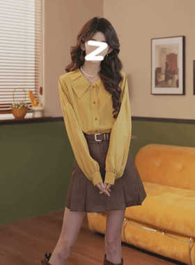 荔枝Lizhi复古港风黄色长袖衬衫女早秋季宽松显瘦百搭娃娃领上衣
