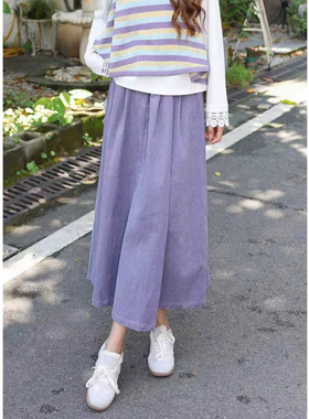 温敏er港风复古紫色灯芯绒半身裙女秋冬季高腰显瘦中长款气质裙子