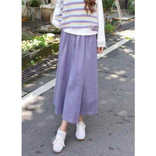 温敏er港风复古紫色灯芯绒半身裙女秋冬季高腰显瘦中长款气质裙子