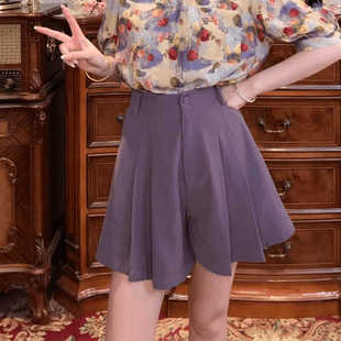 一生罗曼复古紫色百褶半身裙裤女夏季薄款高腰显瘦休闲A字短裤子