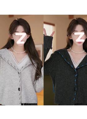 荔枝Lizhi复古港风海军领毛衣女秋冬季宽松慵懒风设计感针织开衫