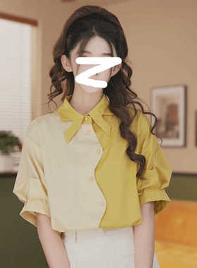 荔枝Lizhi复古港风拼色短袖衬衫女夏季衬衣宽松显瘦设计感上衣服