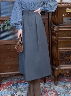 十一港风复古灰色A字半身裙女春秋高腰显瘦中长款设计感气质裙子