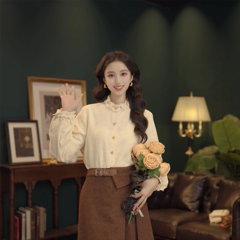 复古港风花边长袖衬衫女秋冬气质