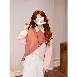 温敏er港风复古拼色长袖衬衫女装秋季韩版宽松设计感披肩气质上衣