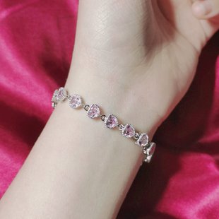 18K白金时尚爱心满钻手链女小众设计轻奢INS风紫粉色高碳钻石首饰