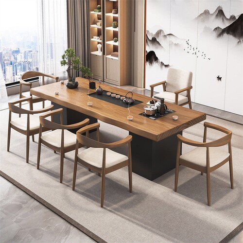 实木功夫茶桌中式乌金石茶盘一体带柜简约客厅办公室泡茶桌椅组合