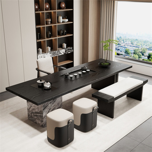 意式办公室实木黑色茶桌椅组合现代简约轻奢会客泡茶桌椅岩板茶台