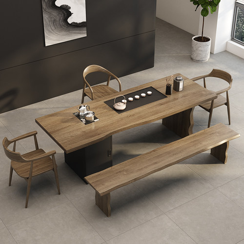 实木大板茶桌椅组合现代简约办公室嵌入一体式功夫茶台新中式茶桌