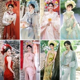 出租簪花汉服订婚礼服裙写真主题服装 复古旗袍民族风外景旅拍租赁