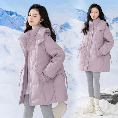 冬由记胖mm加肥200大码女孕妇宽松A字版白鸭绒250斤中长款羽绒服