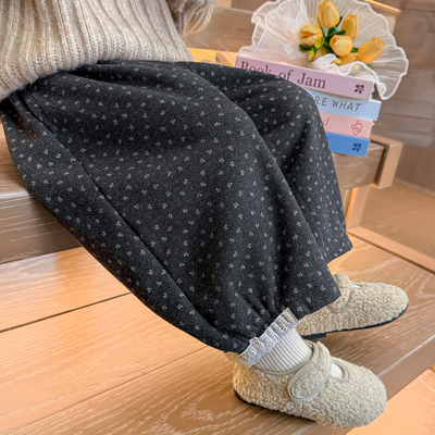 女童加绒裤子秋冬2025新款儿童加厚一体绒碎花长裤女童冬装哈伦裤
