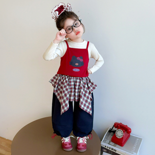 女童套装春秋新款儿童红色吊带打底衫裤子三件套韩版女孩宝宝春装
