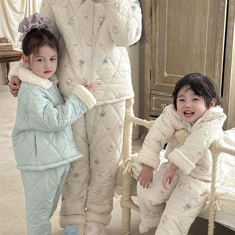 亲子装女童睡衣秋冬季可外穿儿童加绒家居服套装女孩夹棉加厚棉服