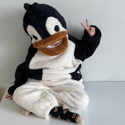 儿童家居服套装加厚秋冬男女童网红企鹅连帽睡衣可爱宝宝冬装衣服