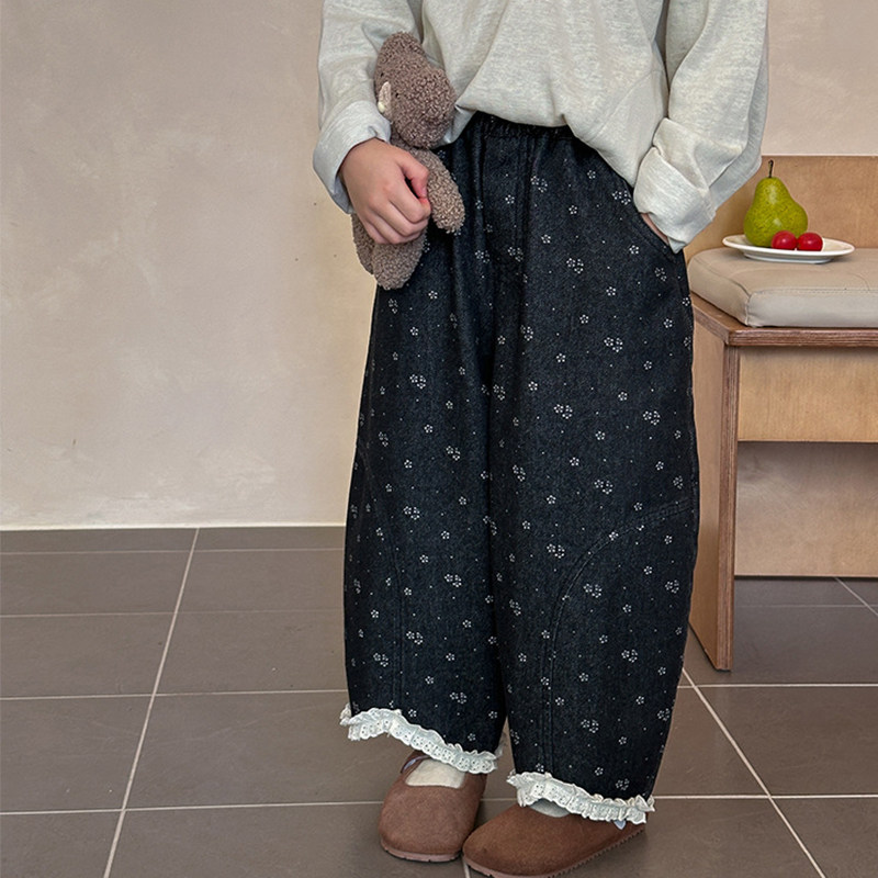 女童碎花牛仔裤春秋哈伦裤中大儿童花边长裤子韩版女孩宝宝灯笼裤